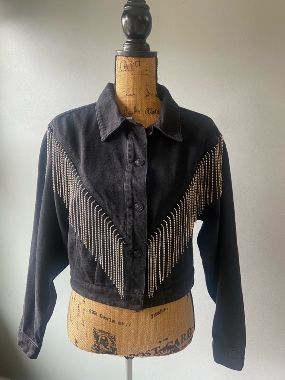 Blue B Sz M Washed Black Cropped Rhinestone Fringe Denim Jacket - Designer Style - Picture 3 of 15